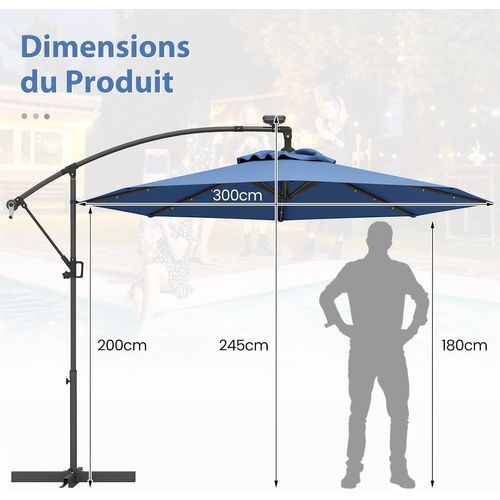 Parasol Déporté Excentré 3m, 32 LED Solaire, Inclinable Et Rotation à 360°, 8 Baleines (bleu)