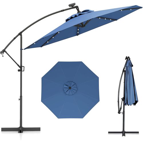 Parasol Déporté Excentré 3m, 32 LED Solaire, Inclinable Et Rotation à 360°, 8 Baleines (bleu)