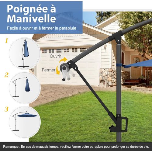 Parasol Déporté Excentré 3m, 32 LED Solaire, Inclinable Et Rotation à 360°, 8 Baleines (bleu)