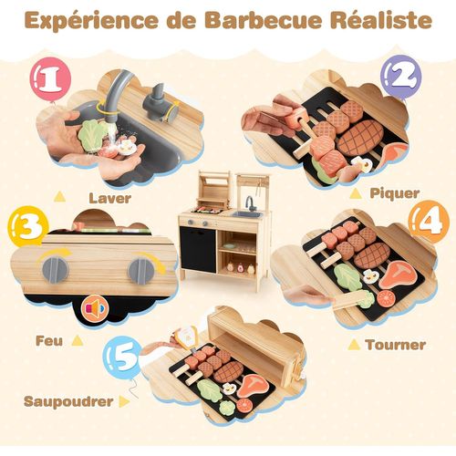 2 En 1 Cuisine Enfant En Bois Avec Jouet Barbecue Et Tableau Noir, Jouet Bbq Grill