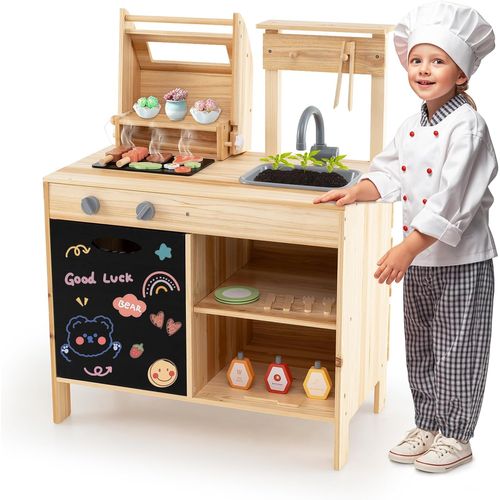 2 En 1 Cuisine Enfant En Bois Avec Jouet Barbecue Et Tableau Noir, Jouet Bbq Grill