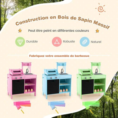 2 En 1 Cuisine Enfant En Bois Avec Jouet Barbecue Et Tableau Noir, Jouet Bbq Grill