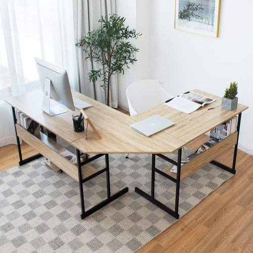 Bureau D'angle 170 X 150 Cm, Bureau En L Avec Plateau Inclinable, Étagère De Rangement, Naturel