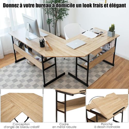 Bureau D'angle 170 X 150 Cm, Bureau En L Avec Plateau Inclinable, Étagère De Rangement, Naturel