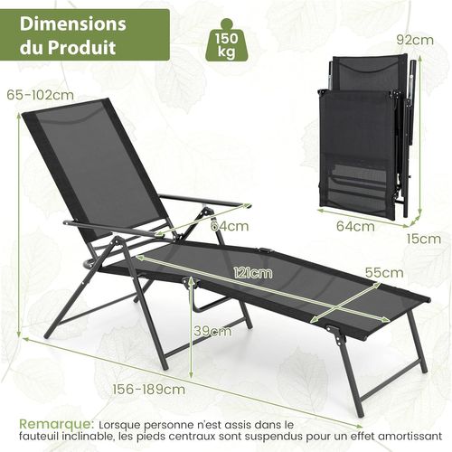 Lot De 2 Chaises Longues Pliantes à 6 Positions, Dossier Réglable, Charge 150 Kg (noir)