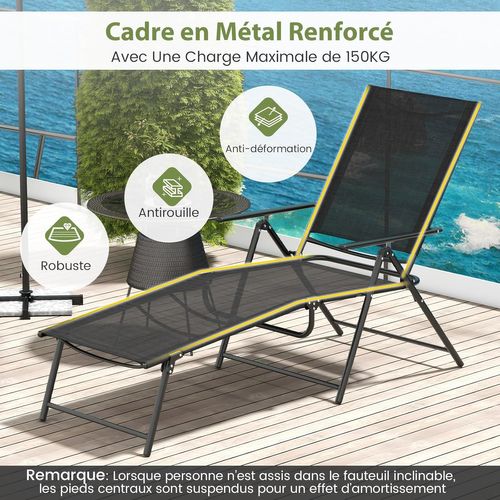 Lot De 2 Chaises Longues Pliantes à 6 Positions, Dossier Réglable, Charge 150 Kg (noir)