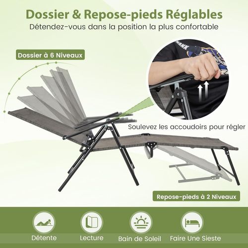Lot De 2 Chaises Longues Pliantes à 6 Positions, Dossier Réglable, Charge 150 Kg (café)