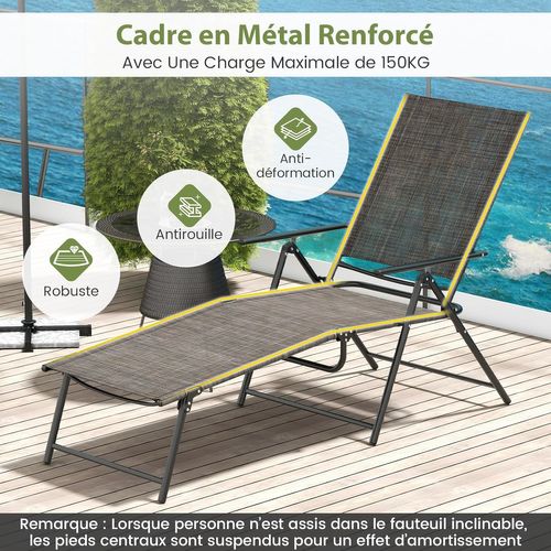 Lot De 2 Chaises Longues Pliantes à 6 Positions, Dossier Réglable, Charge 150 Kg (café)