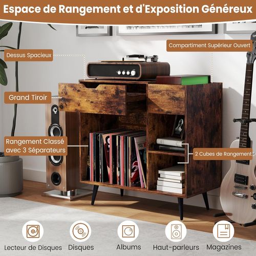 Meuble Tourne-disque Vinyle Avec Prise, Armoire Commode Vinyle Avec Tiroir, 2 Prises, 1 USB