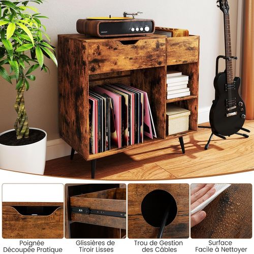 Meuble Tourne-disque Vinyle Avec Prise, Armoire Commode Vinyle Avec Tiroir, 2 Prises, 1 USB