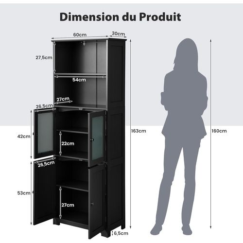 Meuble De Salle De Bain à 4 Portes 2 Compartiments Ouverts, 30 X 60 X 163 Cm (noir)