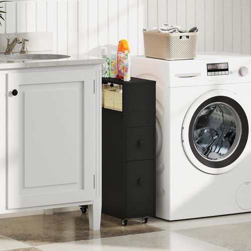 Meuble De Salle De Bain à 2 Tiroirs Et 2 Paniers, Colonne Salle De Bain à 4 Roues, 50x19x72cm (noir)