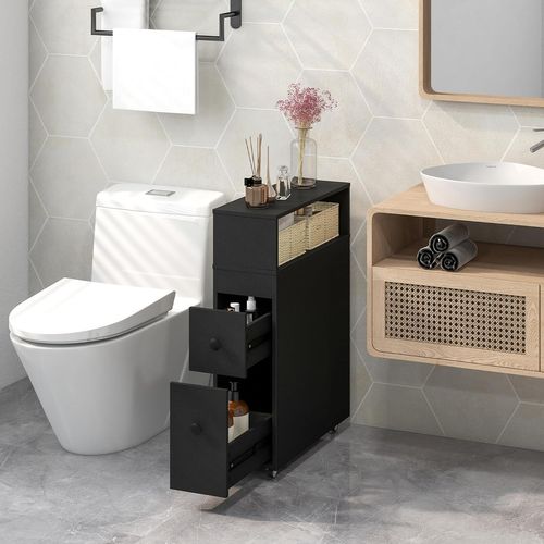 Meuble De Salle De Bain à 2 Tiroirs Et 2 Paniers, Colonne Salle De Bain à 4 Roues, 50x19x72cm (noir)