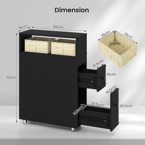 Meuble De Salle De Bain à 2 Tiroirs Et 2 Paniers, Colonne Salle De Bain à 4 Roues, 50x19x72cm (noir)