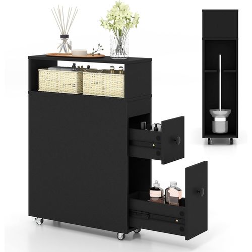Meuble De Salle De Bain à 2 Tiroirs Et 2 Paniers, Colonne Salle De Bain à 4 Roues, 50x19x72cm (noir)