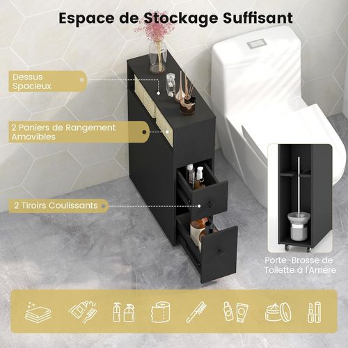 Meuble De Salle De Bain à 2 Tiroirs Et 2 Paniers, Colonne Salle De Bain à 4 Roues, 50x19x72cm (noir)