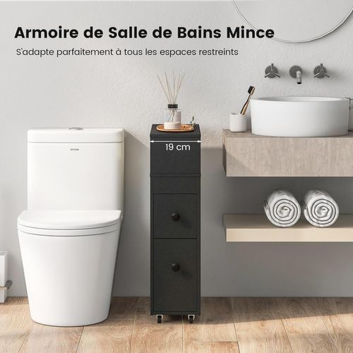 Meuble De Salle De Bain à 2 Tiroirs Et 2 Paniers, Colonne Salle De Bain à 4 Roues, 50x19x72cm (noir)
