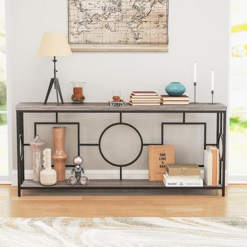 Table Console Industriel 180 Cm, Console Meuble 2 Étagères, 180 X 30 X 80 Cm (noir)