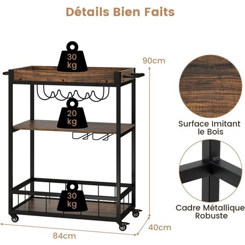 Chariot De Bar, Chariot De Service De Cuisine Avec Plateau Amovible, Marron Rustique