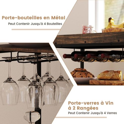 Chariot De Bar, Chariot De Service De Cuisine Avec Plateau Amovible, Marron Rustique