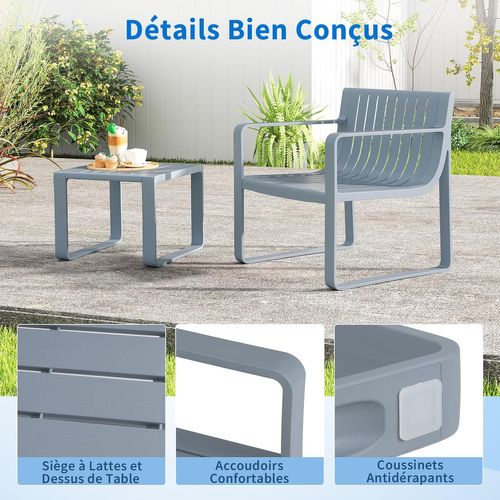 Salon De Jardin 2 Pièces Avec Table Basse Carrée, Ensemble De Mobilier De Patio En Pp, Gris