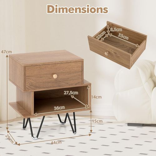 Table De Chevet Lot De 2 Avec Tiroir, 4 Pieds En Métal Surélevés, Chevet De Lit Bois