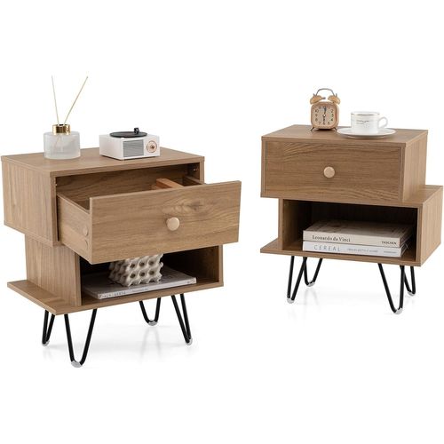 Table De Chevet Lot De 2 Avec Tiroir, 4 Pieds En Métal Surélevés, Chevet De Lit Bois