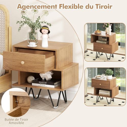 Table De Chevet Lot De 2 Avec Tiroir, 4 Pieds En Métal Surélevés, Chevet De Lit Bois