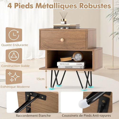 Table De Chevet Lot De 2 Avec Tiroir, 4 Pieds En Métal Surélevés, Chevet De Lit Bois