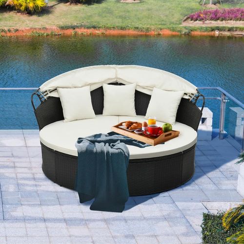Lit De Jardin Rond En Rotin Pe Avec Auvent Rétractable, Charge 360kg, Blanc Cassé