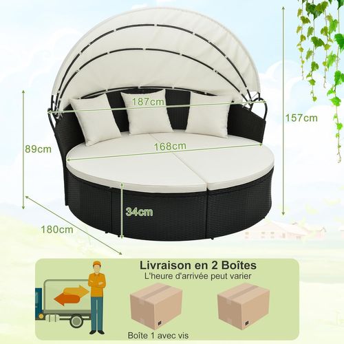 Lit De Jardin Rond En Rotin Pe Avec Auvent Rétractable, Charge 360kg, Blanc Cassé