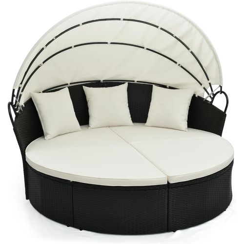 Lit De Jardin Rond En Rotin Pe Avec Auvent Rétractable, Charge 360kg, Blanc Cassé