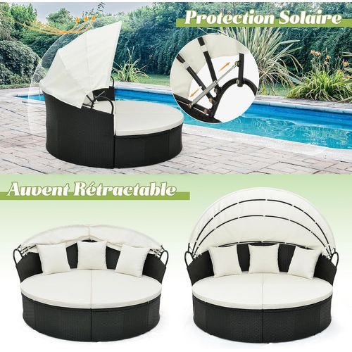 Lit De Jardin Rond En Rotin Pe Avec Auvent Rétractable, Charge 360kg, Blanc Cassé