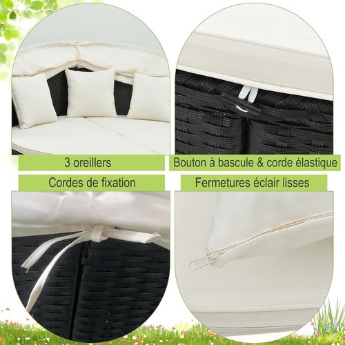 Lit De Jardin Rond En Rotin Pe Avec Auvent Rétractable, Charge 360kg, Blanc Cassé