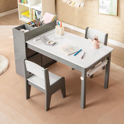 Bureau Enfant En Bois Avec 2 Chaises Et Rouleau De Papier, Table Enfant, Charge 50/60kg (gris)