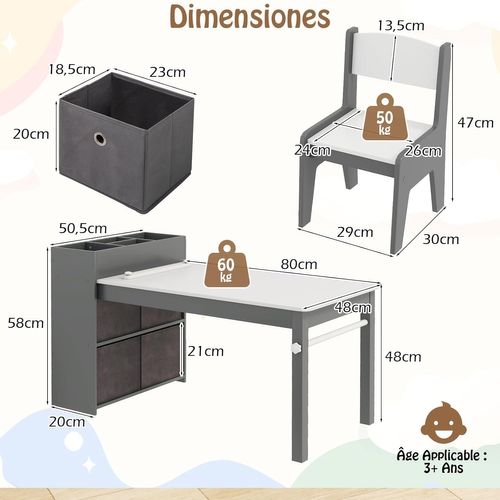 Bureau Enfant En Bois Avec 2 Chaises Et Rouleau De Papier, Table Enfant, Charge 50/60kg (gris)