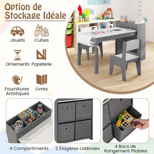Bureau Enfant En Bois Avec 2 Chaises Et Rouleau De Papier, Table Enfant, Charge 50/60kg (gris)