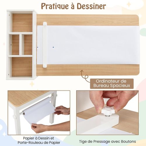Bureau Enfant En Bois Avec 2 Chaises Et Rouleau De Papier, Table Enfant, Charge 50/60kg (naturel)