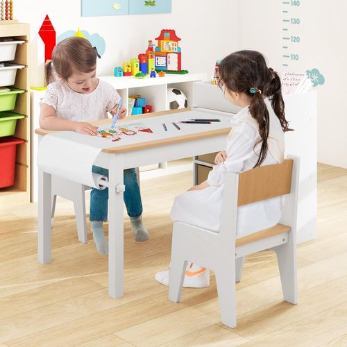 Bureau Enfant En Bois Avec 2 Chaises Et Rouleau De Papier, Table Enfant, Charge 50/60kg (naturel)