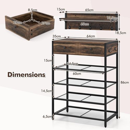 Ensemble De Meuble Entree Porte Manteau Mural, Étagère à Chaussures 4 Niveaux, 2 Tiroirs, 5 Crochets