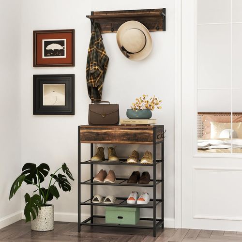 Ensemble De Meuble Entree Porte Manteau Mural, Étagère à Chaussures 4 Niveaux, 2 Tiroirs, 5 Crochets