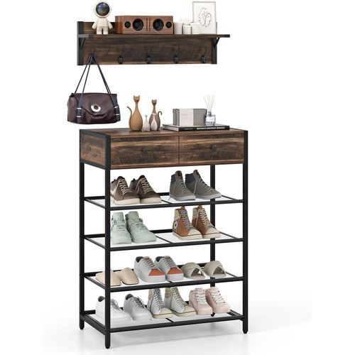 Ensemble De Meuble Entree Porte Manteau Mural, Étagère à Chaussures 4 Niveaux, 2 Tiroirs, 5 Crochets