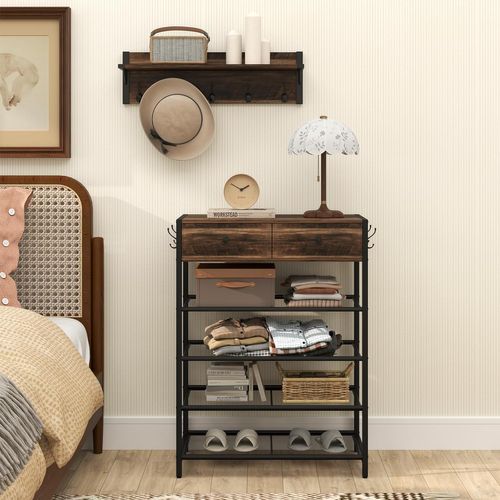 Ensemble De Meuble Entree Porte Manteau Mural, Étagère à Chaussures 4 Niveaux, 2 Tiroirs, 5 Crochets