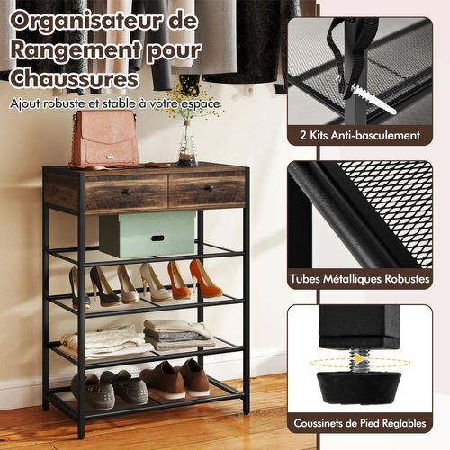 Ensemble De Meuble Entree Porte Manteau Mural, Étagère à Chaussures 4 Niveaux, 2 Tiroirs, 5 Crochets