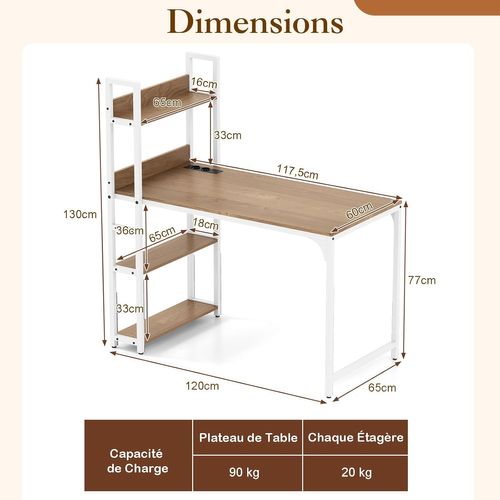 Bureau D'ordinateur Avec Multiprise, Table D'étude De 120 Cm Avec Bibliothèque (naturel)
