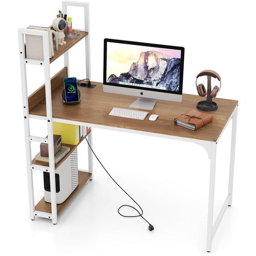 Bureau D'ordinateur Avec Multiprise, Table D'étude De 120 Cm Avec Bibliothèque (naturel)