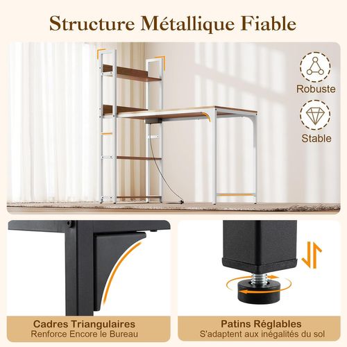 Bureau D'ordinateur Avec Multiprise, Table D'étude De 120 Cm Avec Bibliothèque (naturel)
