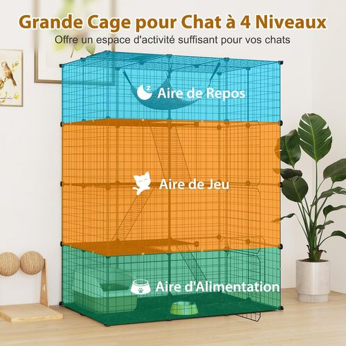 Grand Cage Chat à 3 Niveaux, Enclos Pour Chats En Fil Métallique Amovible, Hamac, 74 X 74 X 107 Cm