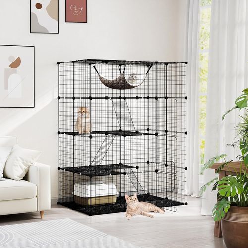 Grand Cage Chat à 3 Niveaux, Enclos Pour Chats En Fil Métallique Amovible, Hamac, 74 X 74 X 107 Cm