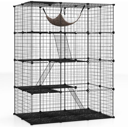 Grand Cage Chat à 3 Niveaux, Enclos Pour Chats En Fil Métallique Amovible, Hamac, 74 X 74 X 107 Cm